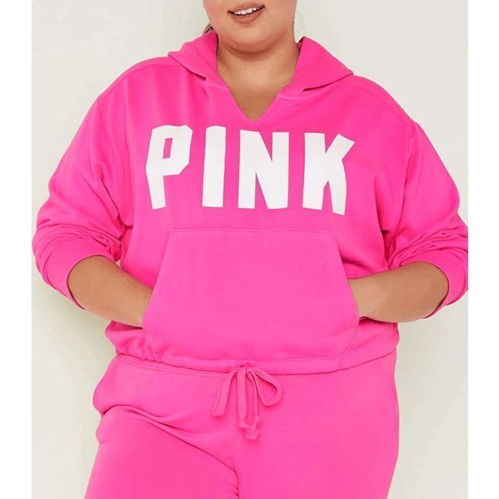 PINK Victorias Secret Cinched‎ Crop Hoodie & Sweatpants Atomic Pink Set L/XL - Picture 10 of 11